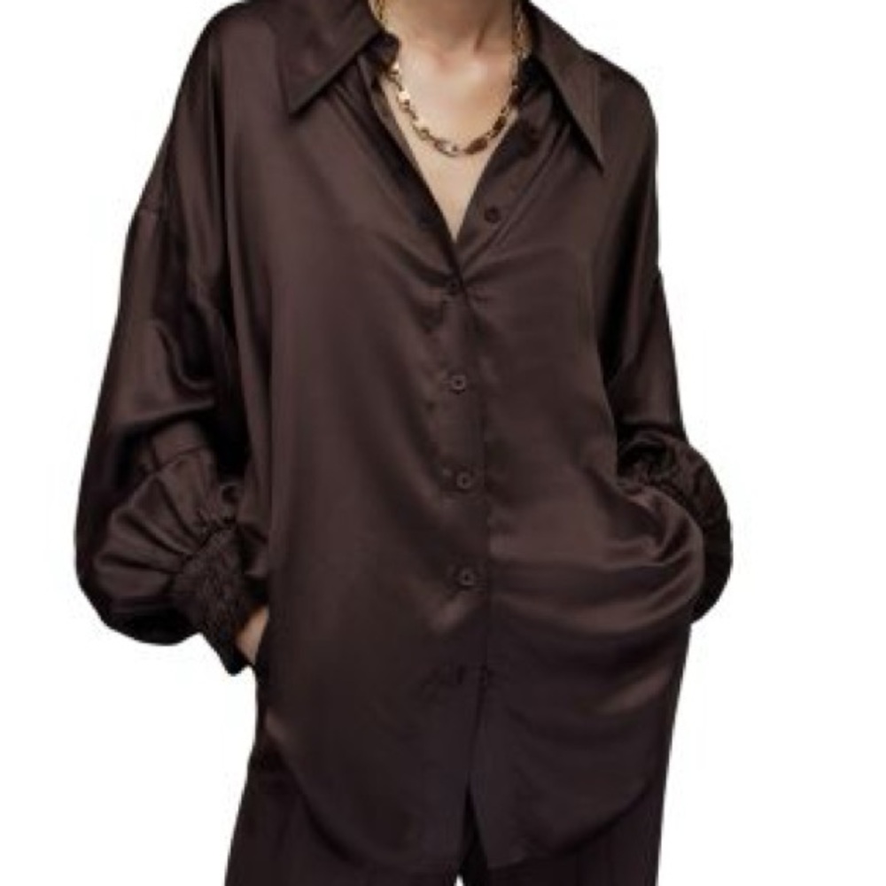 AllSaints Satin Button-Up Shirt in Deep Charcoal